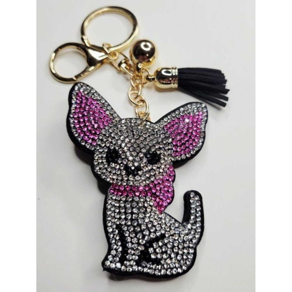 NWT Sparkling Pink And White Chihuahua Keychain Purse Charm With Tassel Ay Ay Ay